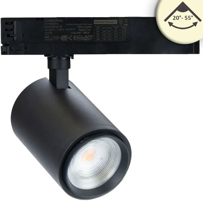 Neu Im Sortiment ISOLED 3-Phasen Schienen-Strahler fokussierbar, 42W, 20°-70°, schwarz matt, 3000K, CRI92, dimmbar