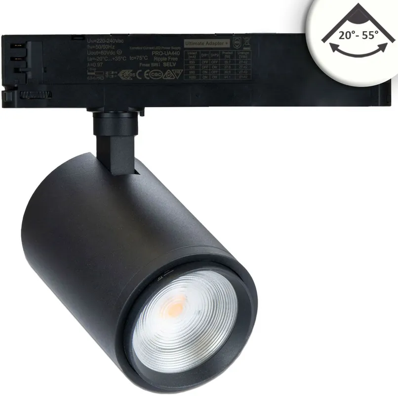 ISOLED 3-Phasen Schienen-Strahler fokussierbar, 42W, 20°-70°, schwarz matt, 4000K, CRI92, dimmbar Neue Ware