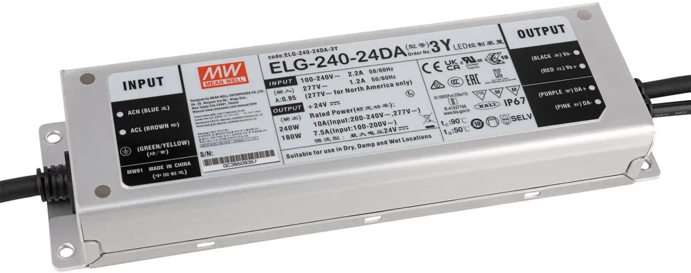 Aktuell LED-Netzteil IP67 240 W/24 V Dali Meanwell ELG-240-V-24DA 3Y