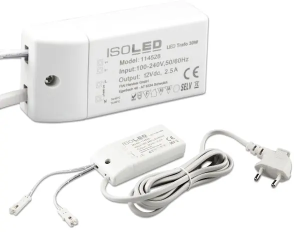 Markenprodukt ISOLED LED Trafo MiniAMP 12V/DC, 0-30W, 200cm Kabel mit Flachstecker, sekundär 2 female Buchsen