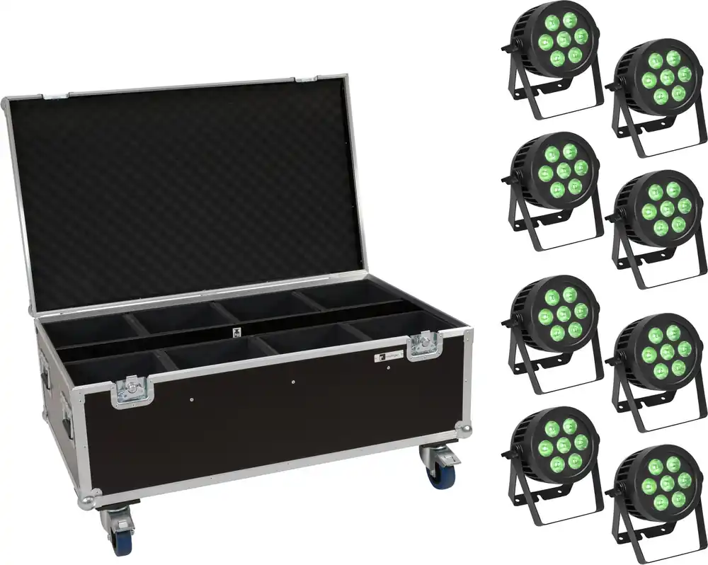 EUROLITE Set 8x LED IP PAR 7x9W SCL Spot + Case mit Rollen Ausverkauf