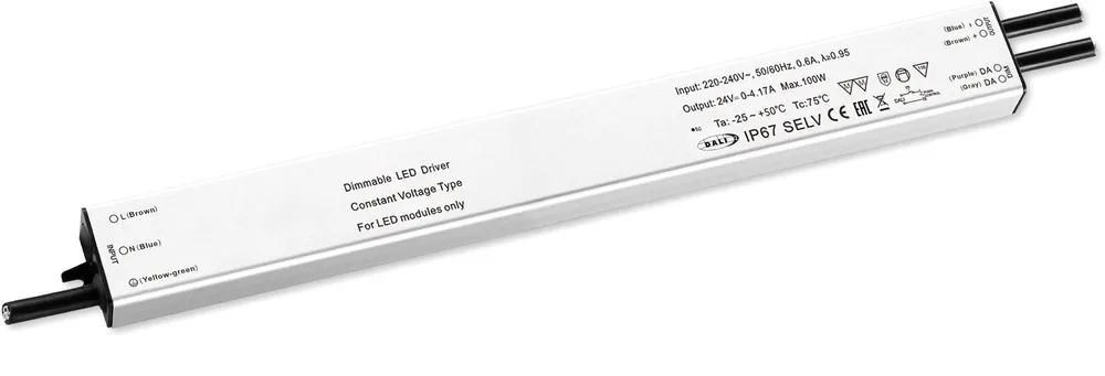 ISOLED LED PWM-Trafo 24V/DC, 0-100W, slim, Push/Dali-2 dimmbar, IP67, SELV Zertifiziert