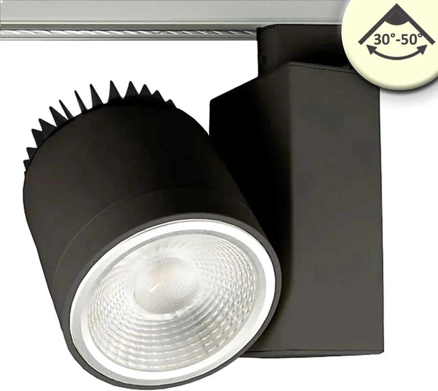 Nur Heute ISOLED 3-PH Schienen-Strahler fokussierbar, 36W, 30°-50°, schwarz matt, 3000K, CRI92, DALI dimmbar
