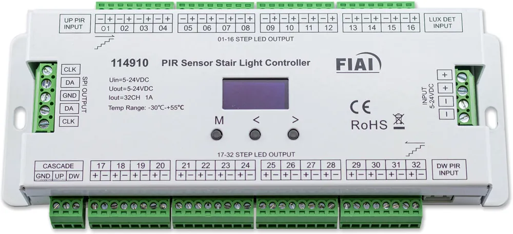 Geprüft ISOLED Treppen-Effekt PWM-Dimmer 5-24V DC, 32x1A + SPI-Output, 2 PIR Sensor + 2 Push-Tast Eingänge