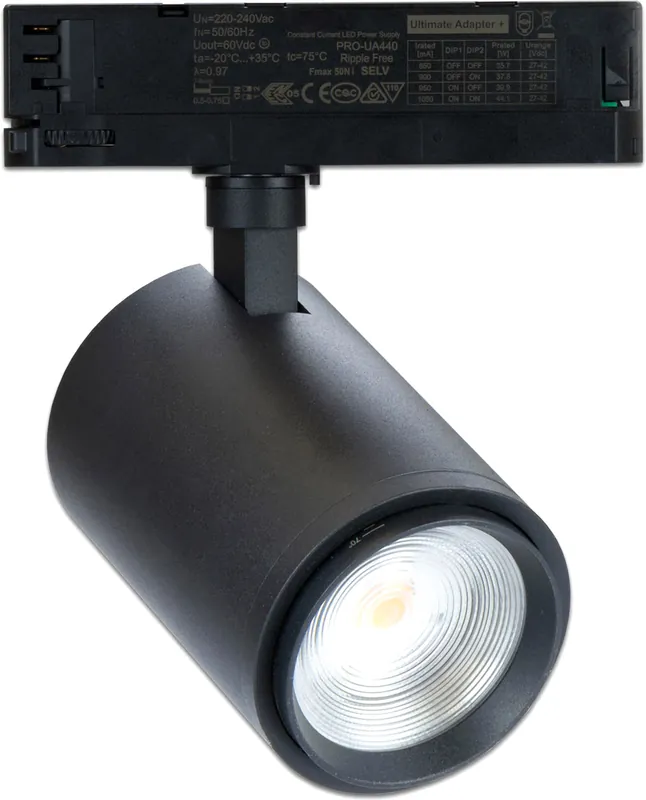 ISOLED 3-PH Schienen-Strahler fokussierbar, 42W, 20°-70°, schwarz matt, 3500K, CRI92 Zertifiziert