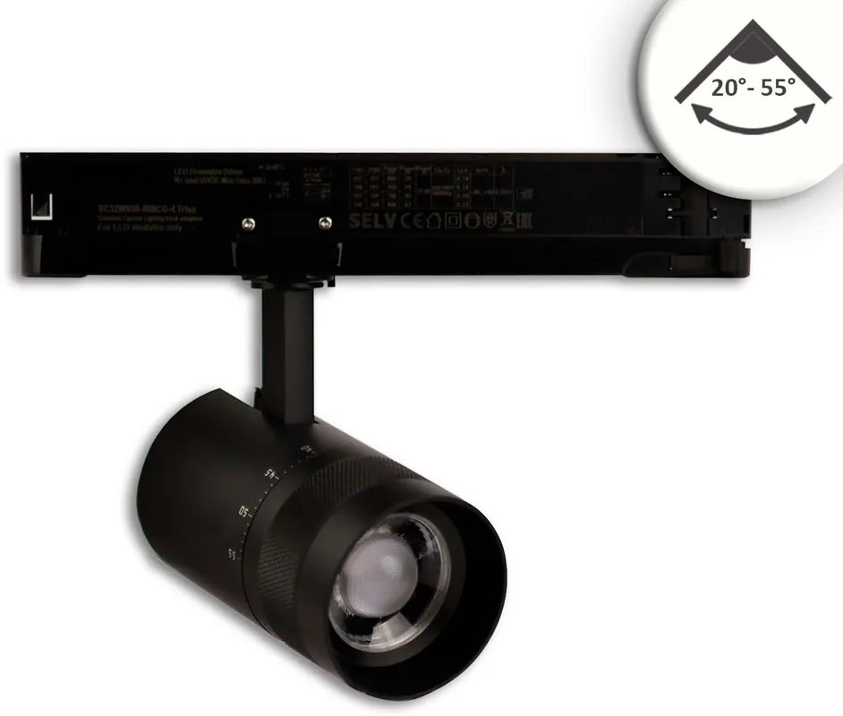 Bestpreis ISOLED 3-Phasen Schienen-Strahler fokussierbar, 12W, 20°-55°, schwarz matt, 4000K, DALI dimmbar