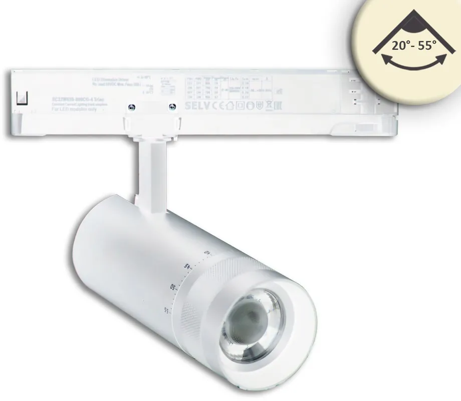 ISOLED 3-Phasen Schienen-Strahler fokussierbar, 24W, 20°-55°, weiß matt, 3000K, DALI dimmbar Sofort Bestellen