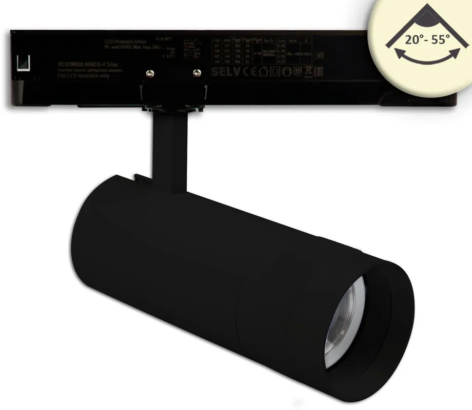 Bestpreis ISOLED 3-Phasen Schienen-Strahler fokussierbar, 24W, 20°-55°, schwarz matt, 2700K, dimmbar