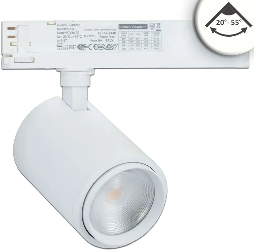 ISOLED 3-Phasen Schienen-Strahler fokussierbar, 42W, 20°-70°, weiß matt, 4000K, CRI92, dimmbar Neu Im Sortiment
