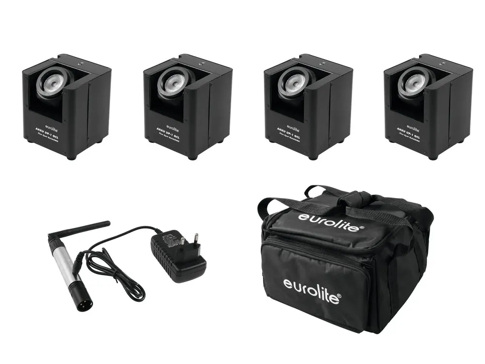Preiswert EUROLITE Set 4x AKKU UP-1 + SB-4 Soft-Bag + QuickDMX Funksender