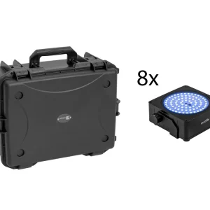 Angebot EUROLITE Set 8x AKKU IP Flat Light SMD sw + Kunststoffcase mit Trolley