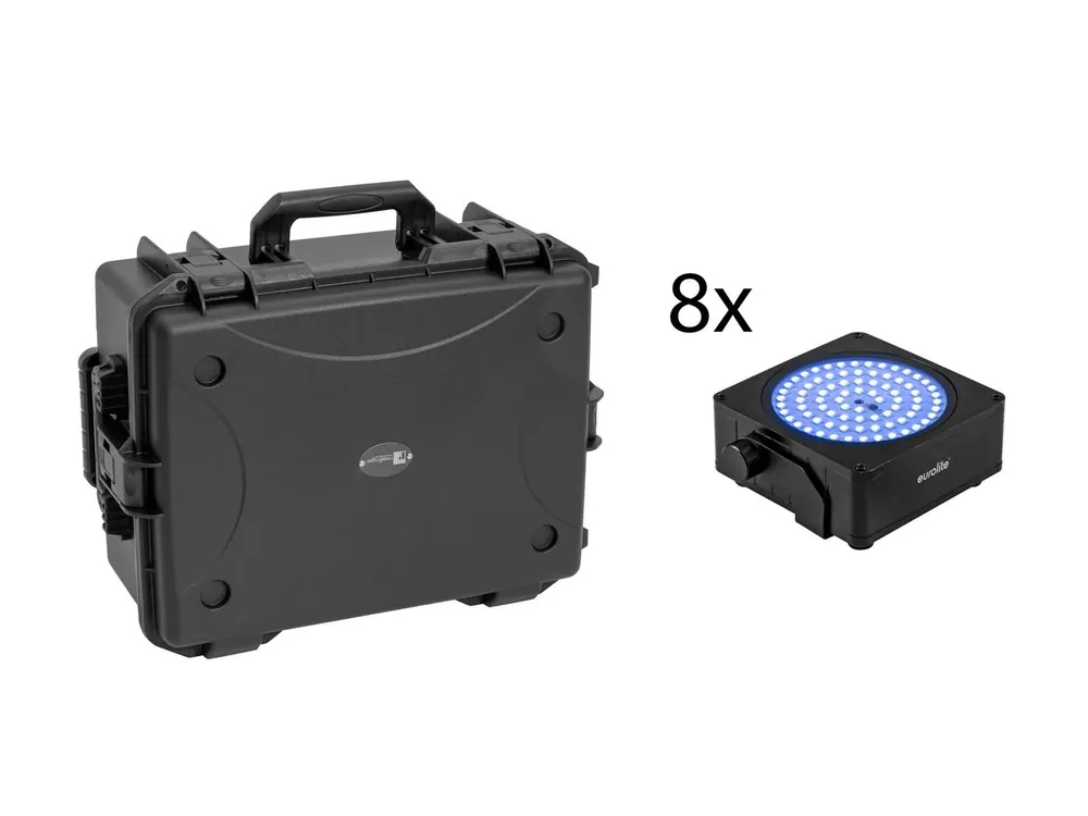 Angebot EUROLITE Set 8x AKKU IP Flat Light SMD sw + Kunststoffcase mit Trolley