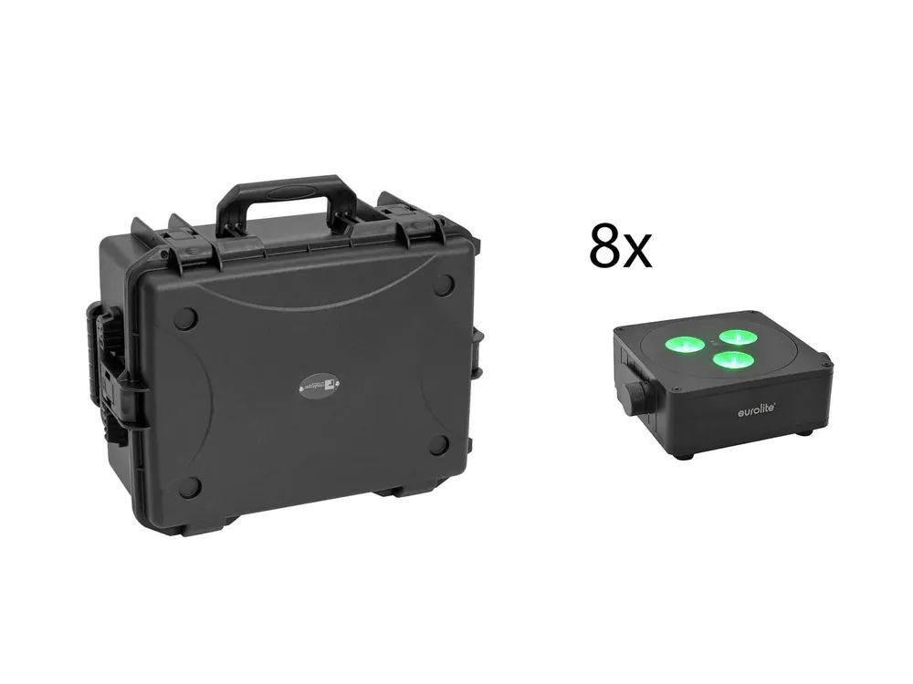 Highlight EUROLITE Set 8x AKKU IP Flat Light 3 sw + Kunststoffcase mit Trolley