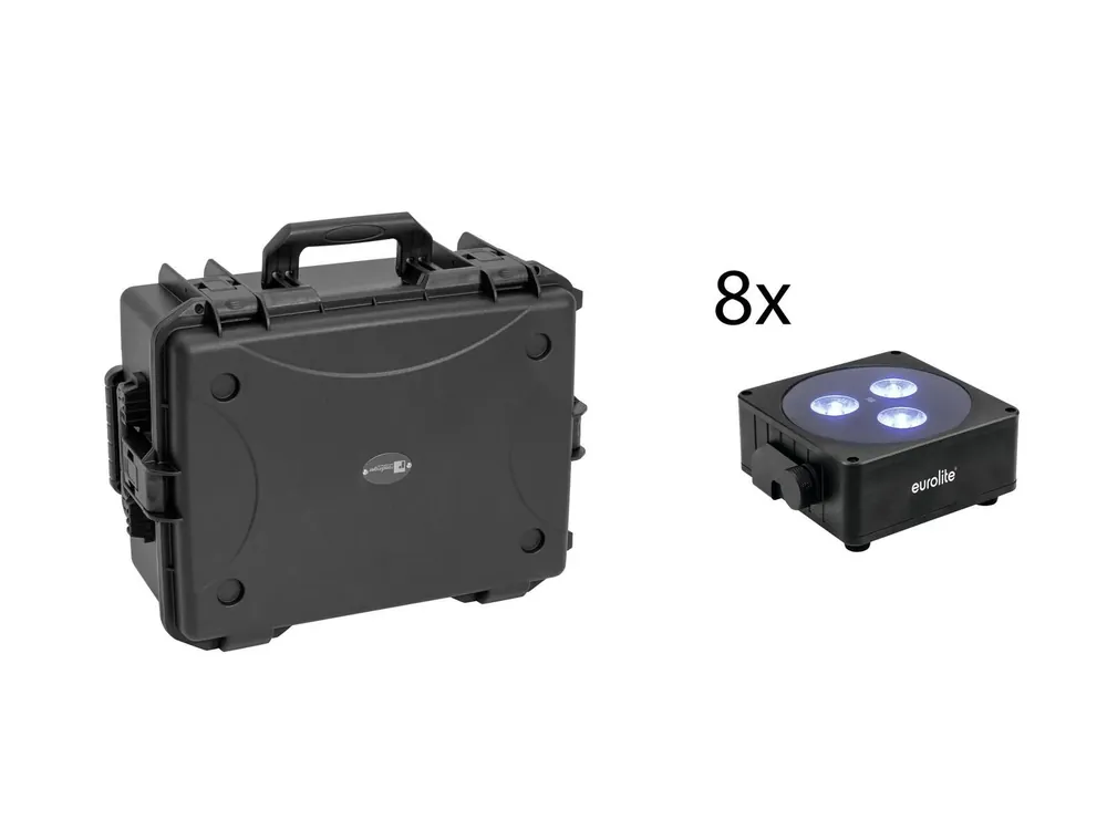 EUROLITE Set 8x AKKU Flat Light 3 sw + Kunststoffcase mit Trolley Billig