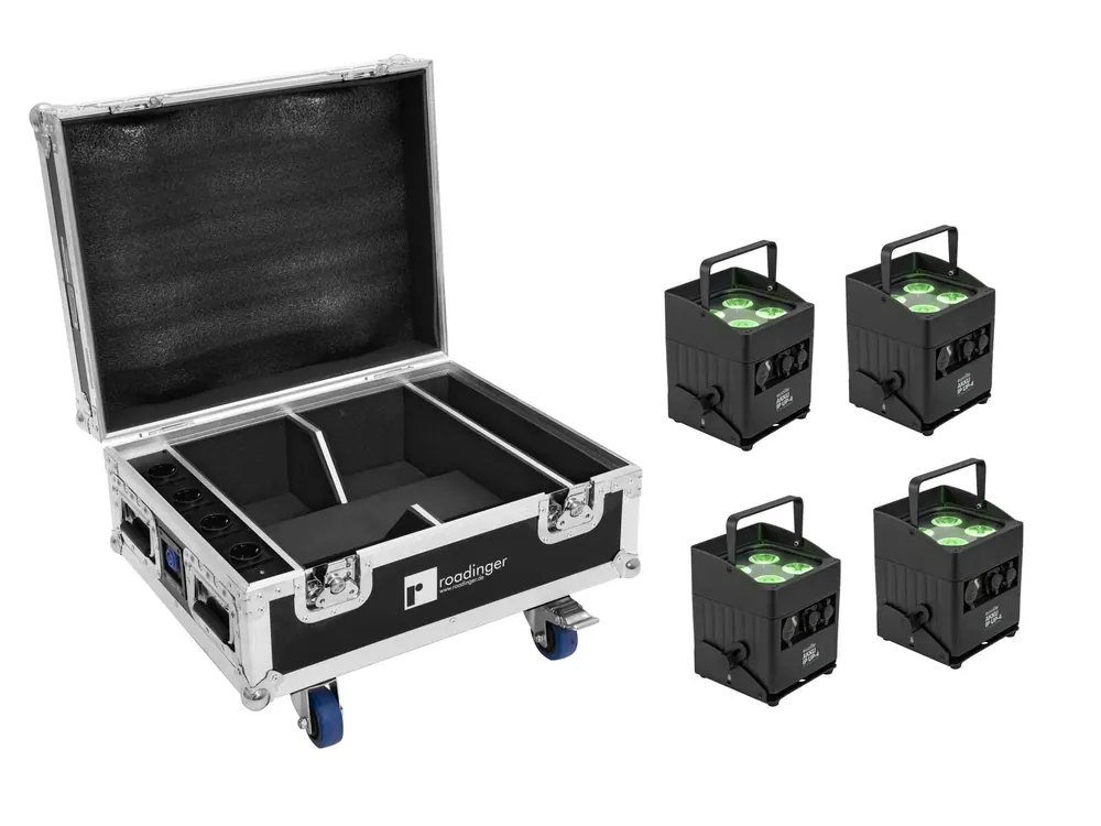 EUROLITE Set 4x AKKU IP UP-4 QCL Spot QuickDMX MK2 + Flightcase mit Rollen und Ladefunktion Kostenloser Versand