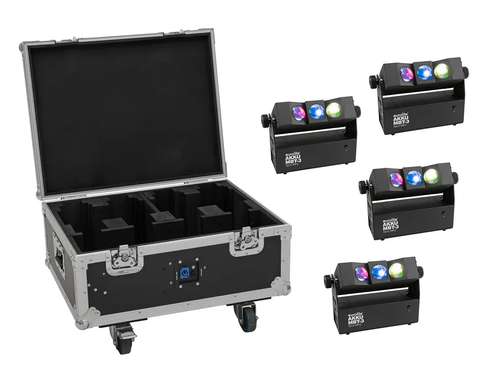 Preiswert EUROLITE Set 4x AKKU MBT-3 Spot MK2 + Flightcase mit Rollen und Ladefunktion