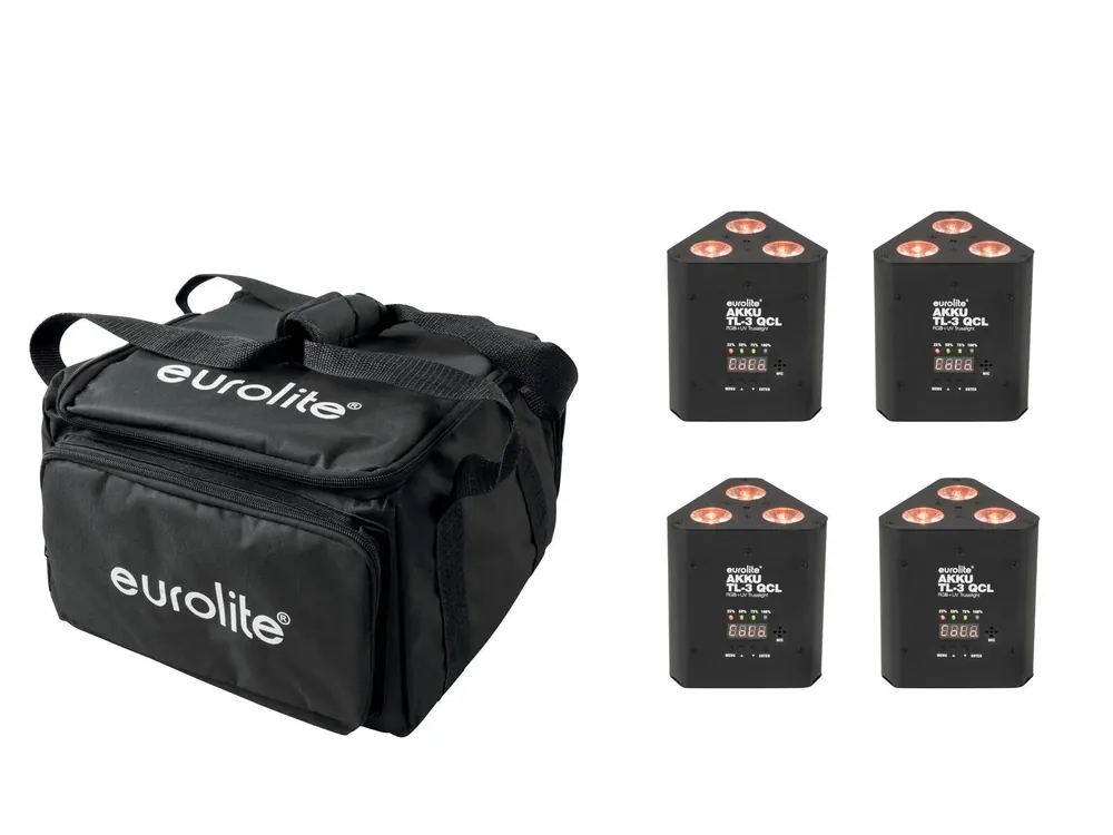 Markenware EUROLITE Set 4x AKKU TL-3 QCL RGB+UV Trusslight + SB-4 Soft Bag