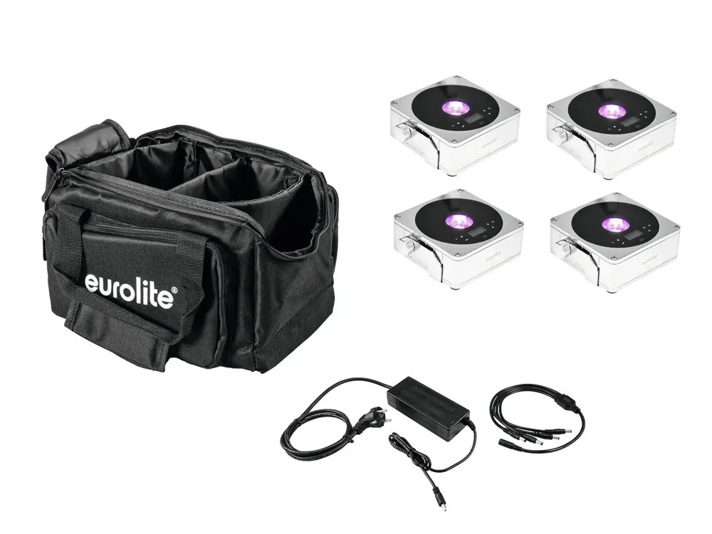 Sonderaktion EUROLITE Set 4x AKKU IP Flat Light 1 chrom + Soft-Bag + Ladegerät