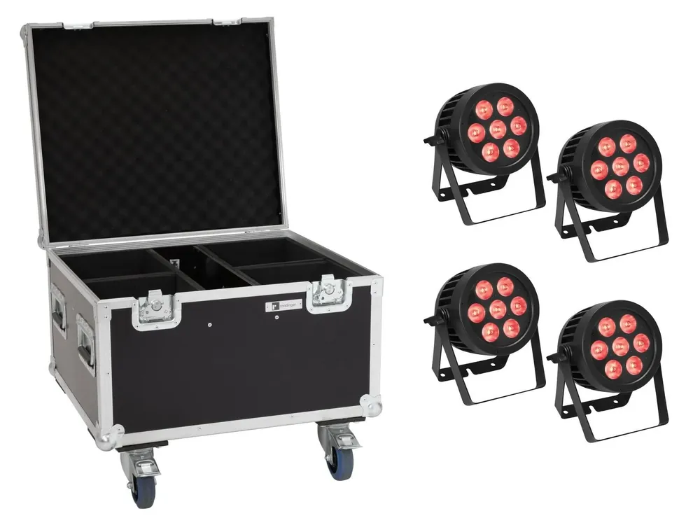 Preis Gesenkt EUROLITE Set 4x LED IP PAR 7x8W QCL Spot + Case mit Rollen
