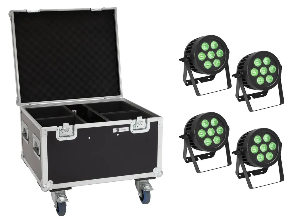 Preis Gesenkt EUROLITE Set 4x LED IP PAR 7x9W SCL Spot + Case mit Rollen
