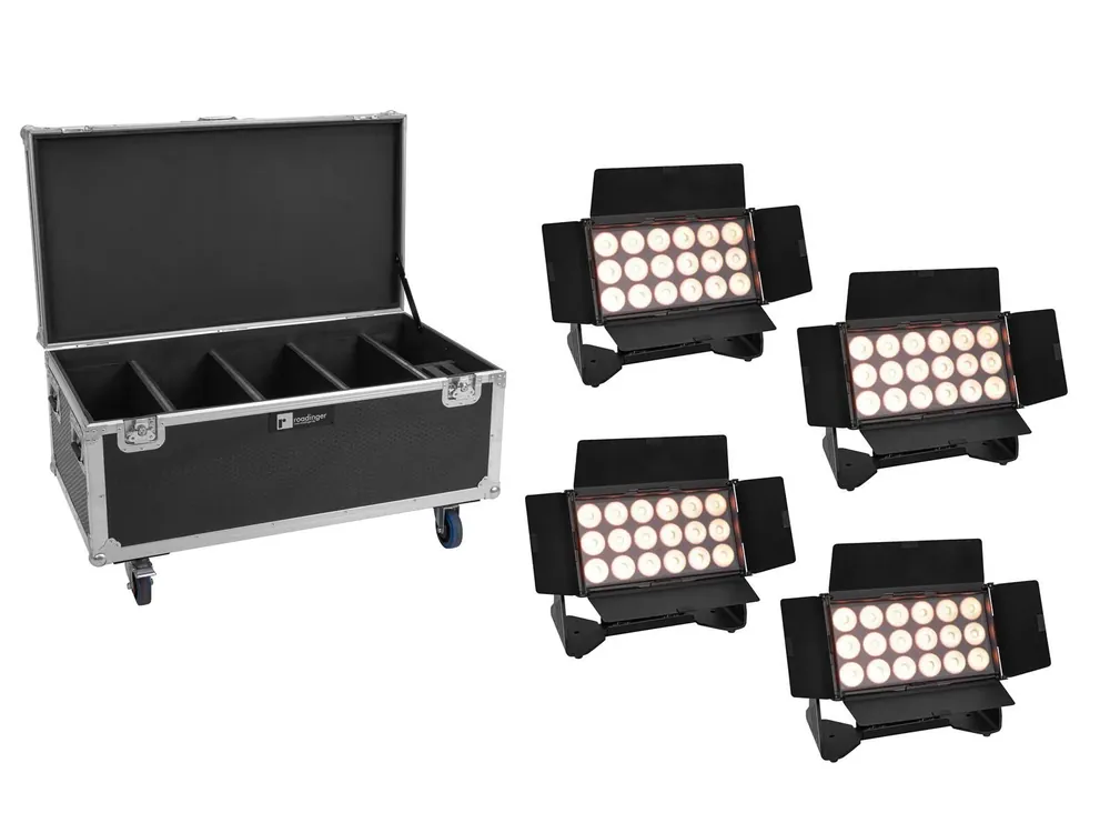 EUROLITE Set 4x Multiflood IP 18x10W RGBW Wash CRMX + Case mit Rollen Heißes Angebot