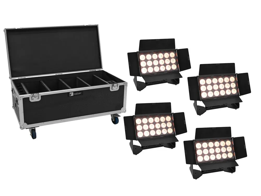 EUROLITE Set 4x AKKU Multiflood IP 18x10W RGBW Wash CRMX + Case mit Rollen Neuheit