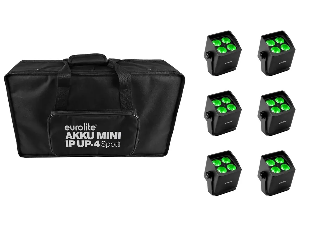 Neu Im Sortiment EUROLITE Set 6x AKKU Mini IP UP-4 QCL Spot MK2 + Soft-Bag