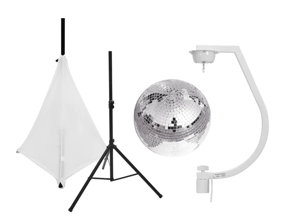 Begrenztes Angebot EUROLITE Set Spiegelkugel 30cm mit Stativ und Segel weiß