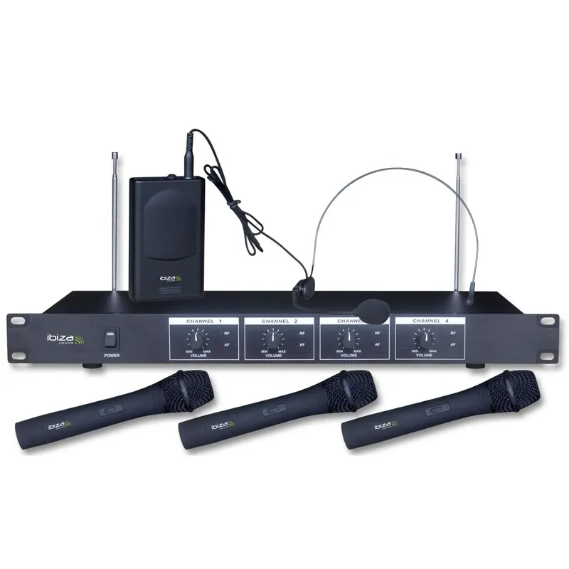 IBIZA VHF4 4-KANAL FUNKMIKROFONSYSTEM HANDMIKROFON UND HEADSET Preisreduziert