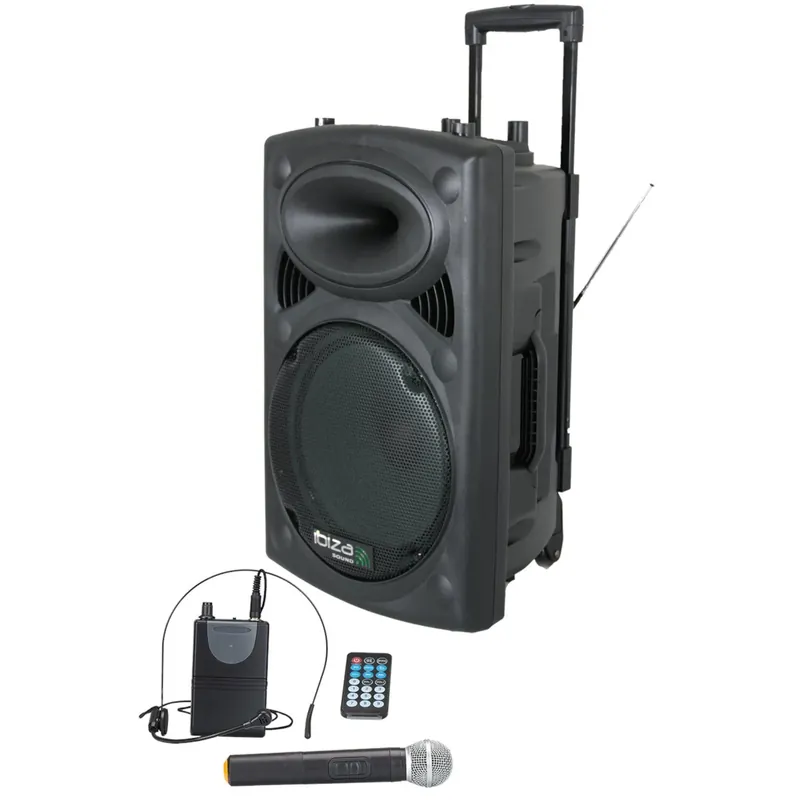 Ibiza PORT12UHF-BT mobiler Bluetooth Lautsprecher mit Akku 2 Mikrofonen Headset 12 Zoll Gratis Versand