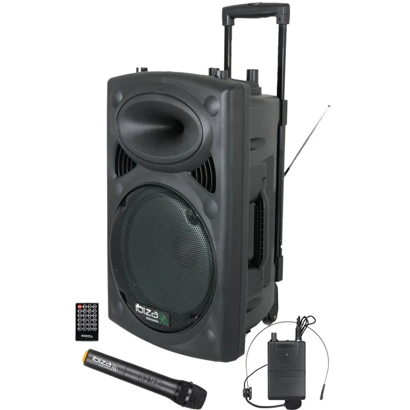 Ibiza PORT15UHF-BT mobiler Bluetooth Lautsprecher mit Akku 2 Mikrofonen Headset 15 Zoll Neu