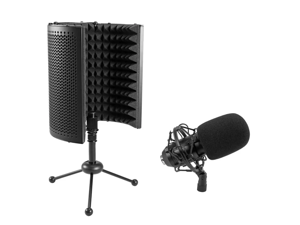 OMNITRONIC Set MIC CM-78MK2 Großmembran-Kondensatormikrofon + AS-04 Tisch-Mikrofon-Absorbersystem Echt